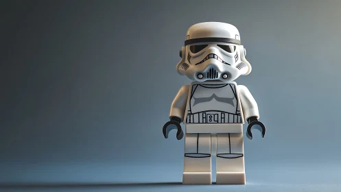 Playful toy stormtrooper minifigure stands in soft studio light