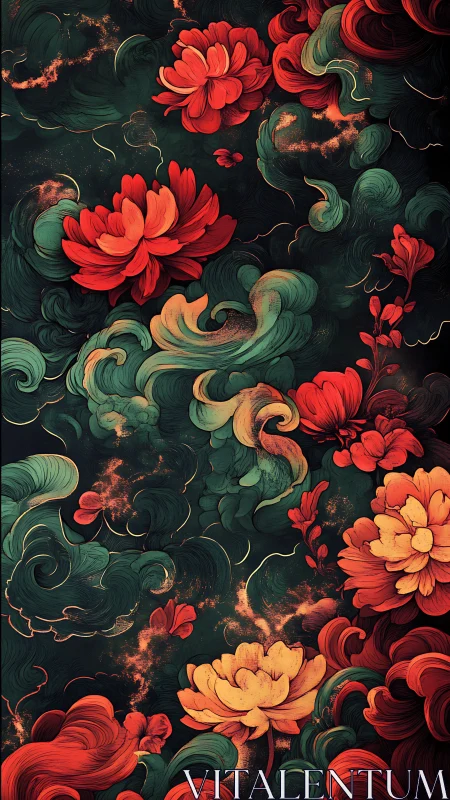 Floral forms and swirling foliage on dark abstract field.