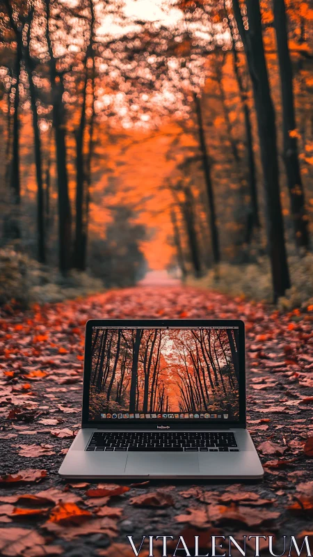 Laptop blends into glowing autumn forest path in vivid symmetry