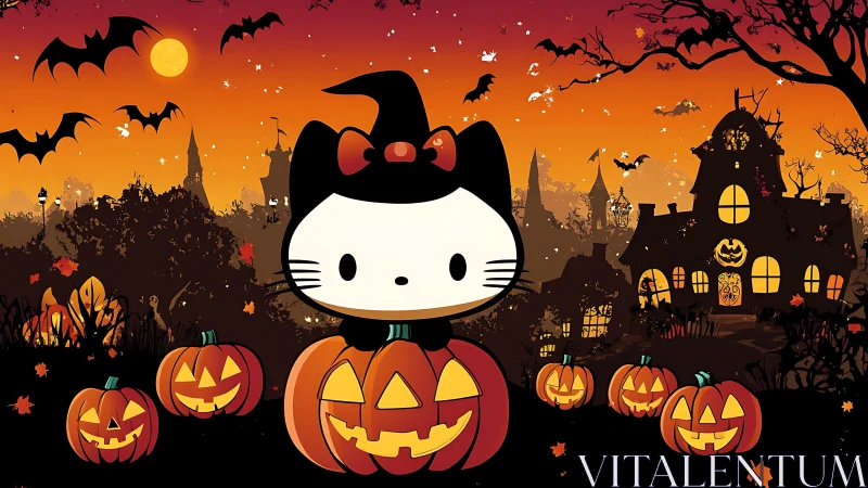 Hello Kitty Halloween Scene with Jack-o'-Lanterns and Gothic Architecture