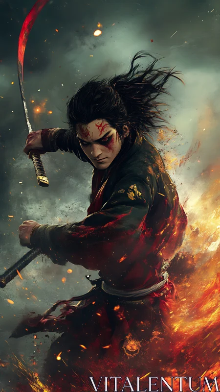 Fierce samurai warrior strikes through a storm of fire