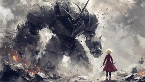 Solitary swordsman confronting colossal war mech amid ruins.