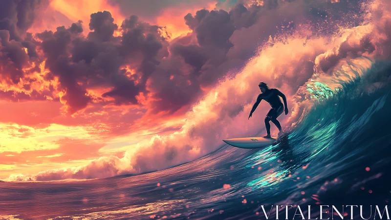 Silhouetted surfer carves iridescent wave under high-saturation sunset
