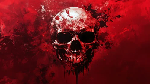 Blood-drenched skull emerges from abstract crimson chaos.