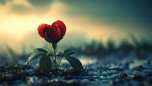 A Radiant Red Rose Blooms Defiantly in the Frost