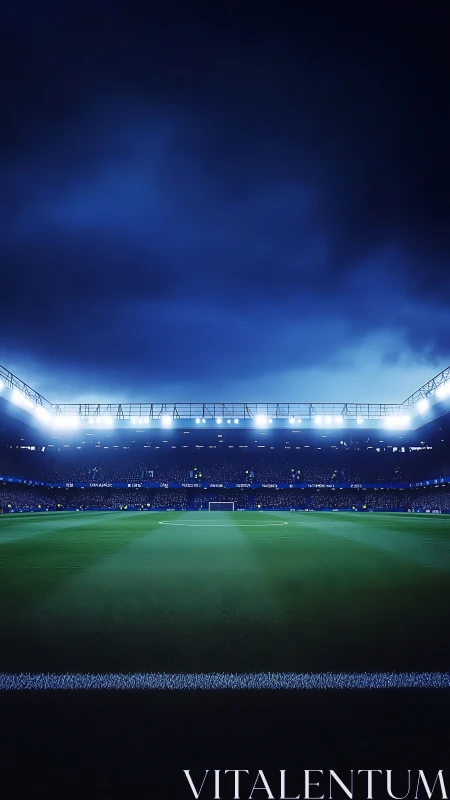 Stadium floodlights crown a glowing midnight football stage