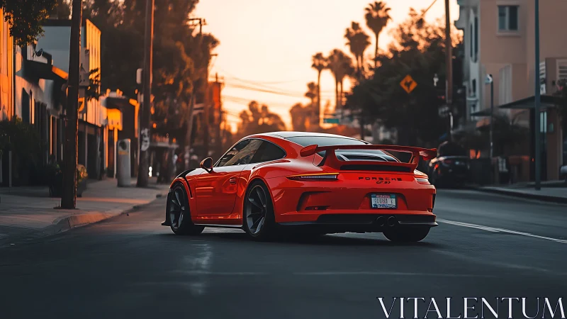 Red Porsche sports car on city street at sunset time.
