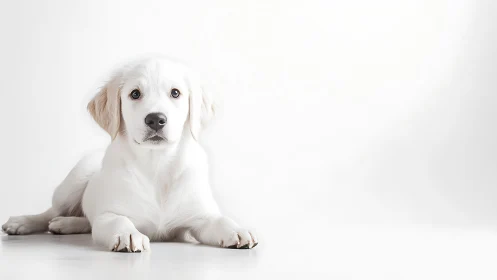 Snow-soft puppy gaze on glowing white daydream canvas.