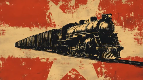 Retro pop art freight locomotive on distressed star field poster.