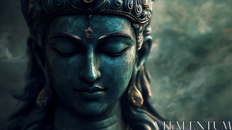 Bronze patina deity bust rendered with cinematic depth of field