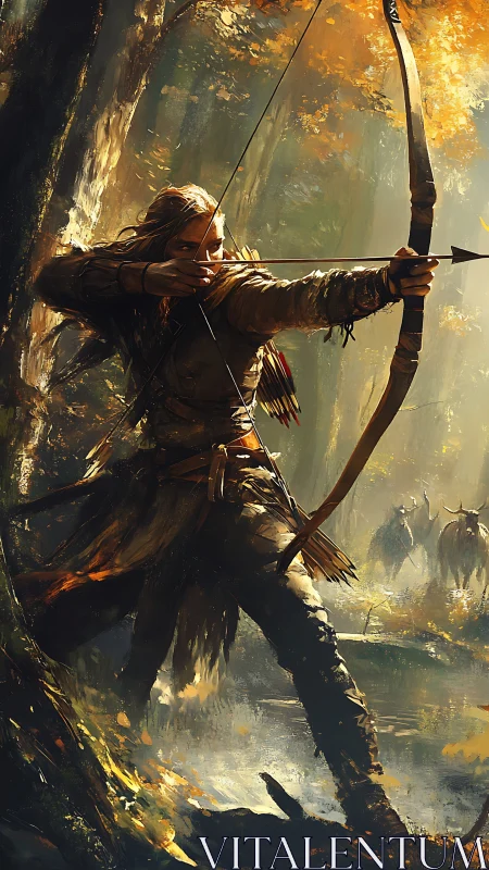 Archer aims drawn bow in sunlit forest with distant riders