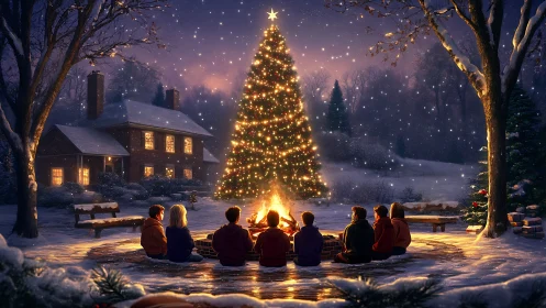 Family gathers by glowing Christmas tree under falling snow.