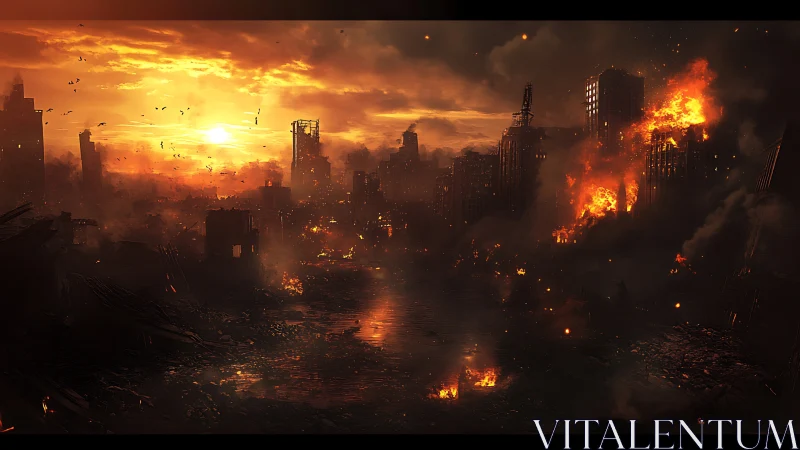Burning post apocalyptic city under harsh red sunset.