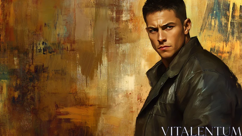 Man in dark jacket stands before textured abstract wall