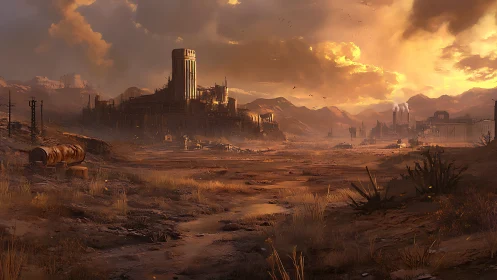 Industrial complex in arid wasteland under evening sky.