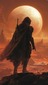 Cloaked armed figure on red alien terrain under large moon.