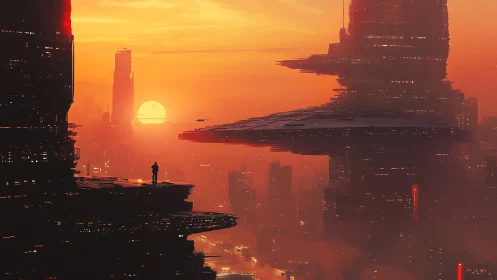 Lone watcher greets a blazing neon sunset over stacked towers.