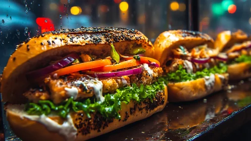 Street-styled grilled chicken subs under neon city lights.