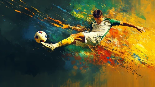 Soccer player kicking ball amid dynamic paint splashes.