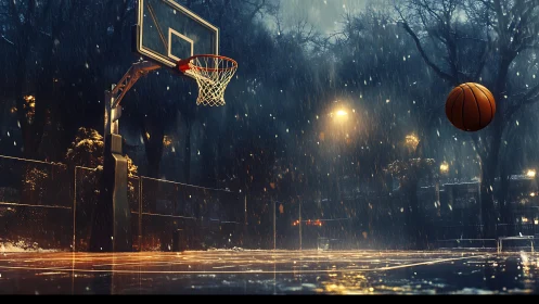 Night rain envelops a glowing city basketball court in motion