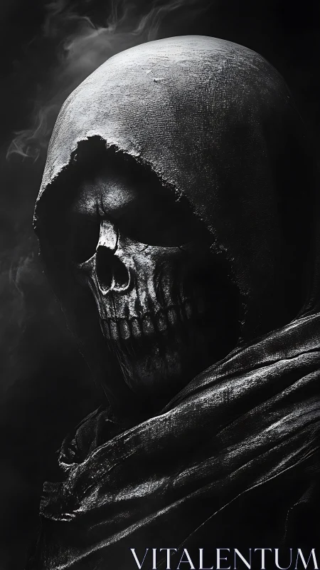 Eroded skull in tattered hood rendered with high-contrast chiaroscuro