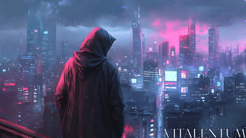 Hooded figure overlooks neon cyberpunk megacity skyline at night