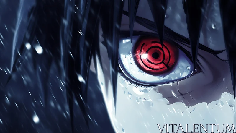 Close-up view shows stylized red eye in heavy rainfall