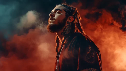 Cinematic side-lit portrait of tattooed man in colored smoke