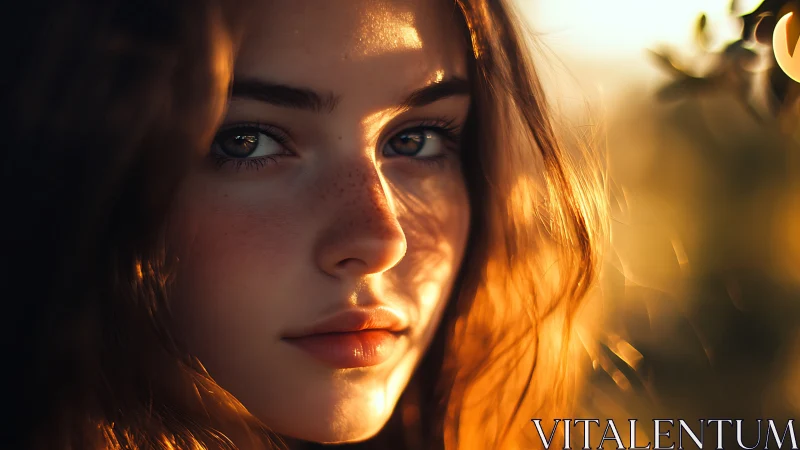 Close portrait of young woman in warm directional sunlight