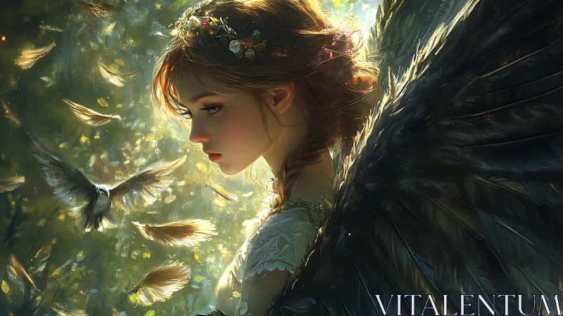 Digital painting of winged girl in luminous forest profile view.