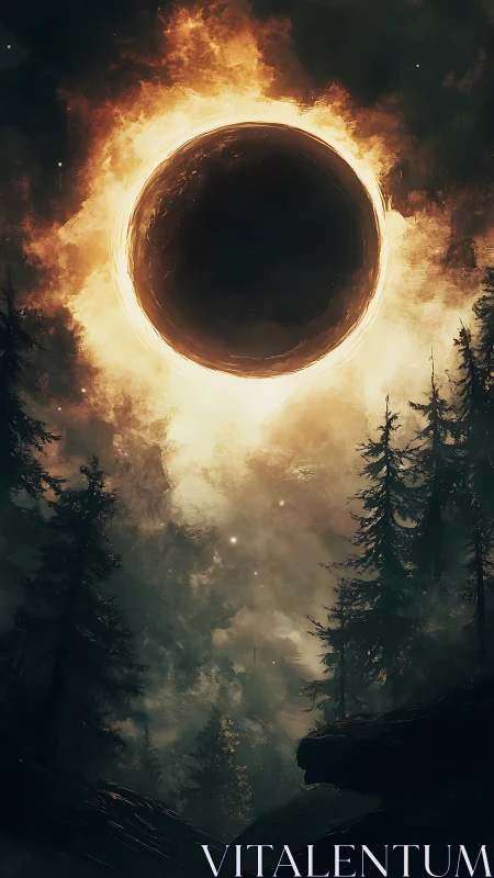 Burning eclipse ignites a misty forest sky with dark magic