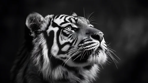 Monochrome tiger portrait isolates facial structure in high contrast