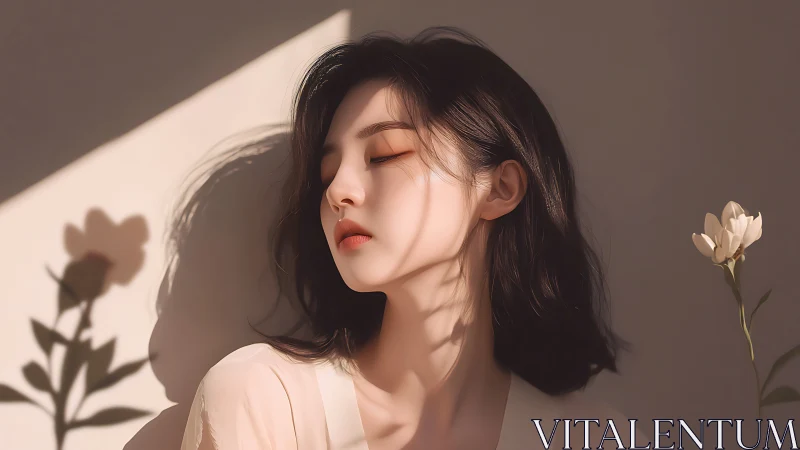 Soft side lighting sculpts serene female portrait with floral shadows