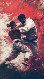 Martial artists clash midair against explosive red backdrop