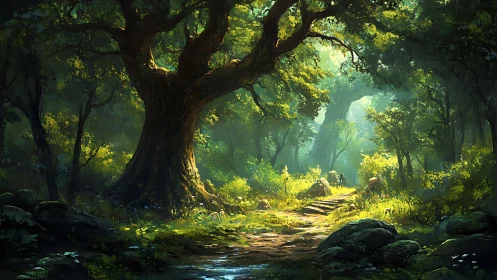 Ancient Forest Path Bathed in Ethereal Golden Light.