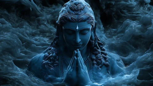 Midnight blue deity in serene prayer amid swirling clouds.