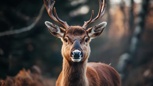 Portrait of a stag in shallow-depth woodland composition.