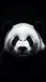 High-contrast frontal panda portrait in deep black background.