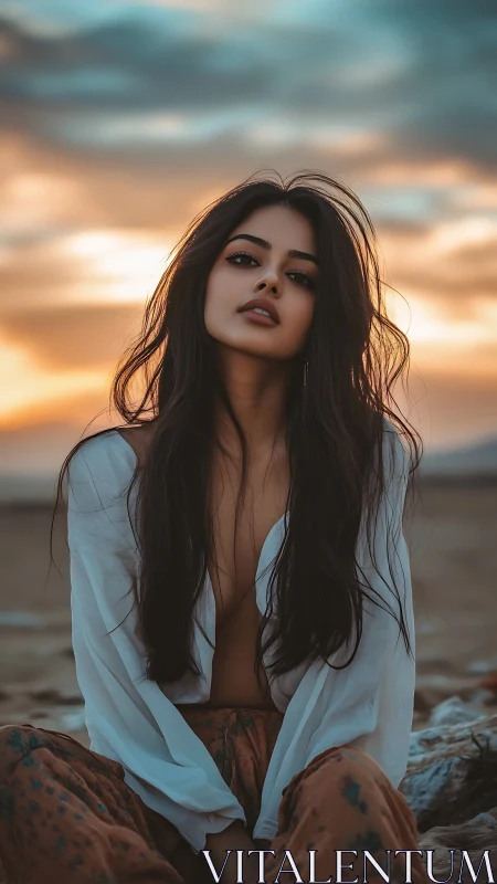 Sunlit beach portrait in warm cinematic sunset tones.