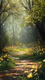 Forest path lined with yellow blooms and filtered sunlight.