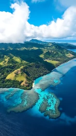 Tropical Island Aerial: Volcanic Mountain and Turquoise Lagoon.