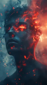Smoldering portrait unites calm human form and fierce fire
