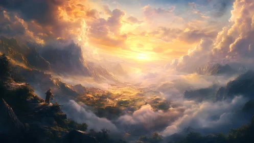 Epic fantasy valley at sunrise with solitary cloaked wanderer