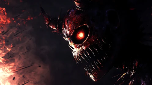 Horned skeletal creature portrait in high contrast lighting.