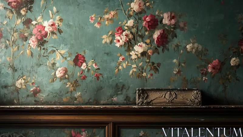 Vintage teal wall blooms with faded floral romance.