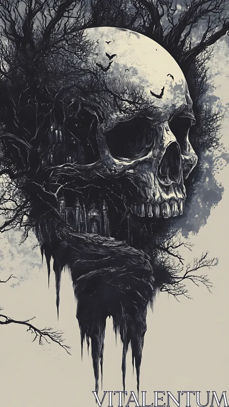 Moonlit skeletal landscape forms towering haunted skull