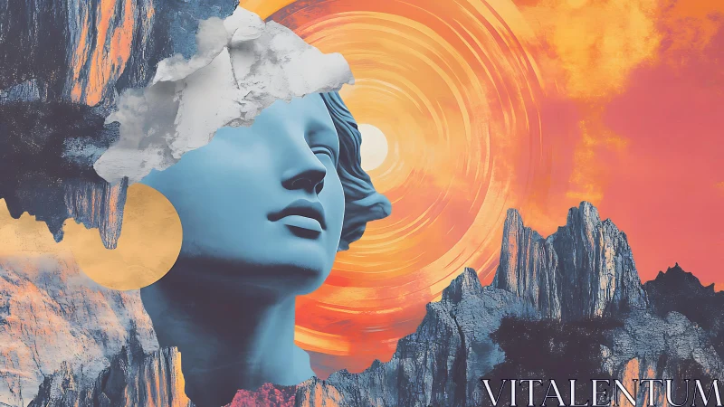 Sky-split marble muse dreaming beneath a spiraled sun.