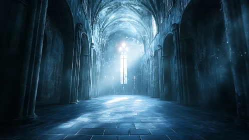 Gothic cathedral interior flooded with ethereal blue light