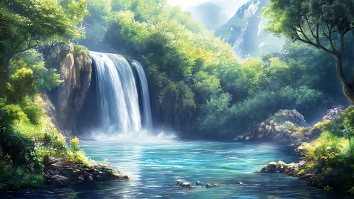 Sunlit forest waterfall cascades into clear turquoise pool