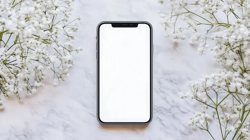 Smartphone with Blank Screen Surrounded by White Delicate Flowers